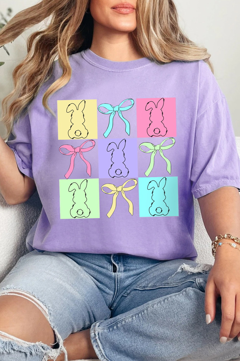 Wisteria Bunny Bow Plaid Print Easter Fashion Tee - loveforevers