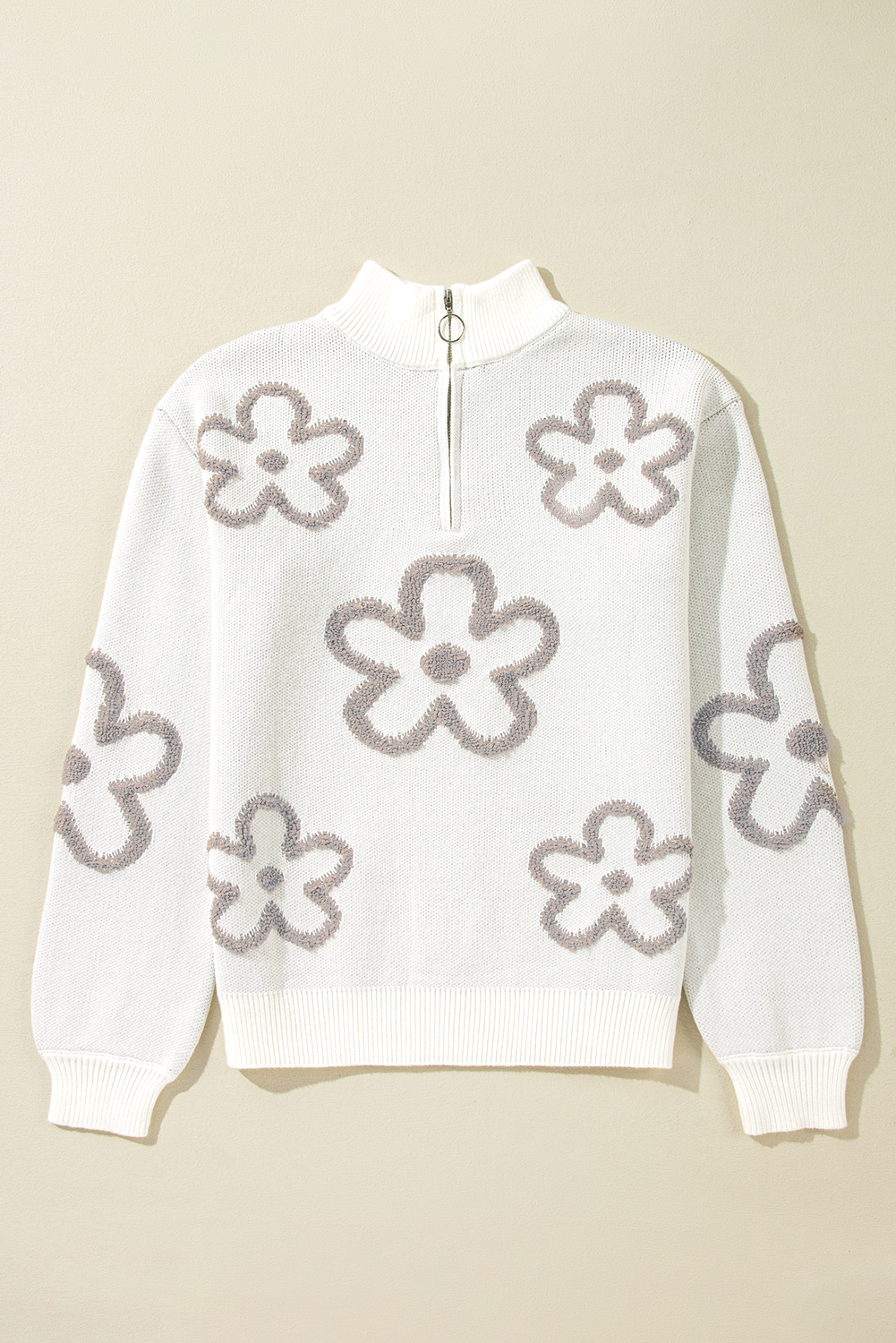 Parchment Contrast Flower Half Zipper Stand Neck Sweater - loveforevers