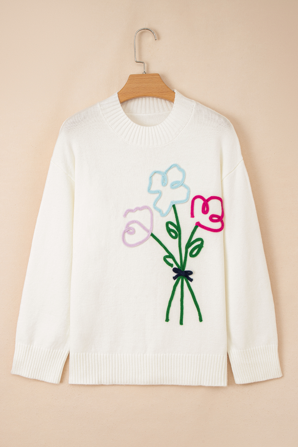 White Embroidered Flower Bouquet Ribbed Trim Loose Sweater - loveforevers