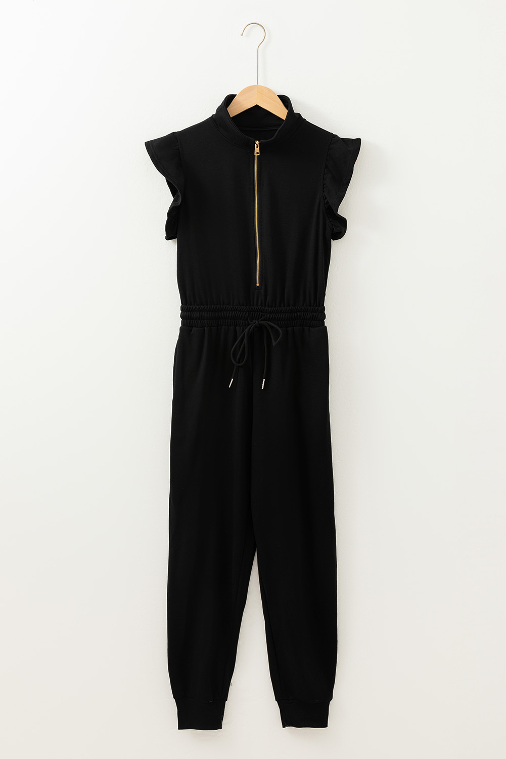 Black Zipper Flutter Sleeve Drawstring Elastic Waistband Jumpsuit - loveforevers