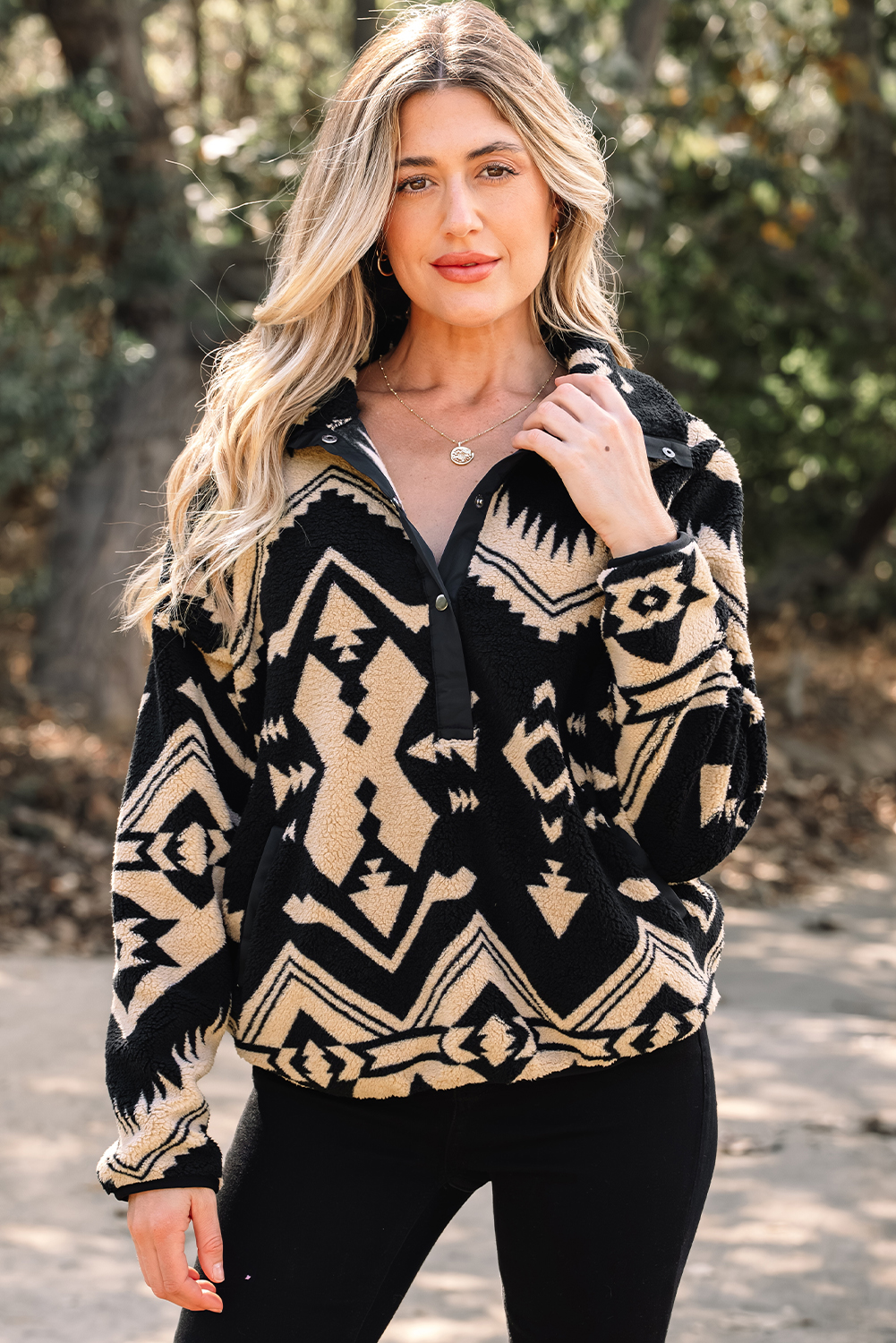 Black Western Aztec Half Placket Plush Sweatshirt - loveforevers