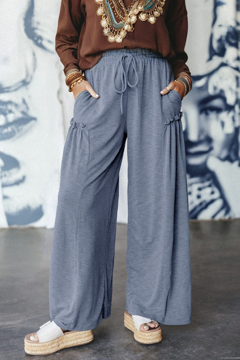 Frilled Detail Wide Leg Drawstring Elastic Waistband Pants - loveforevers