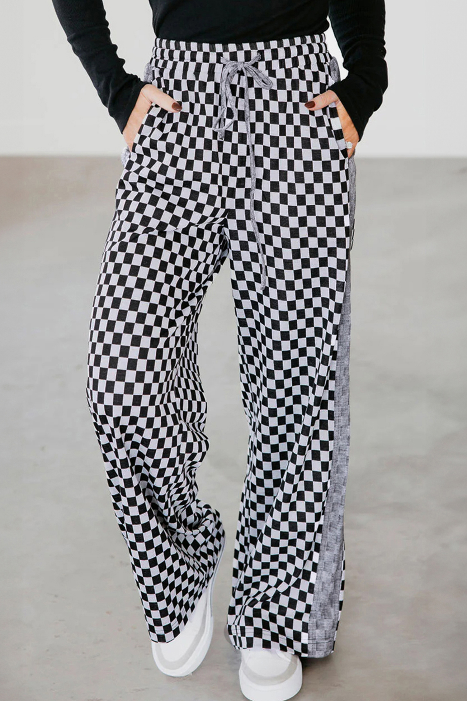 White Checkerboard Drawstring Waist Casual Pants - loveforevers