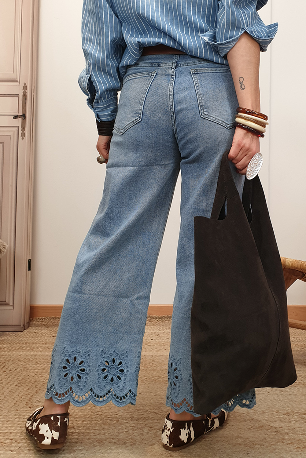 Dusk Blue Embroidered Cropped Wide Leg High Waist Jeans - loveforevers