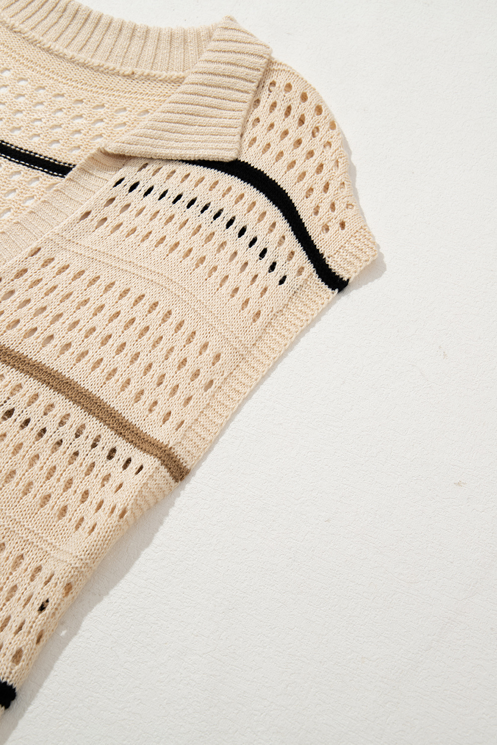 Apricot Beach Eyelet Crochet Knit Striped Detail Polo Tee Dress - loveforevers