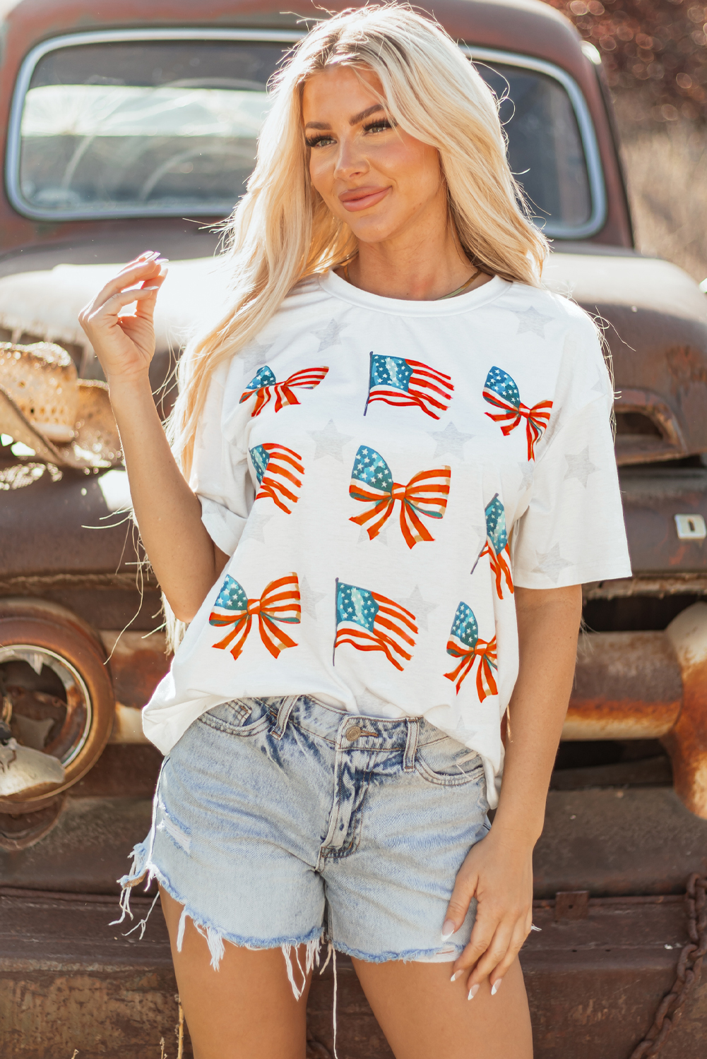 Khaki Patriotic Flag Bow Graphic Starry Round Neck T Shirt - loveforevers