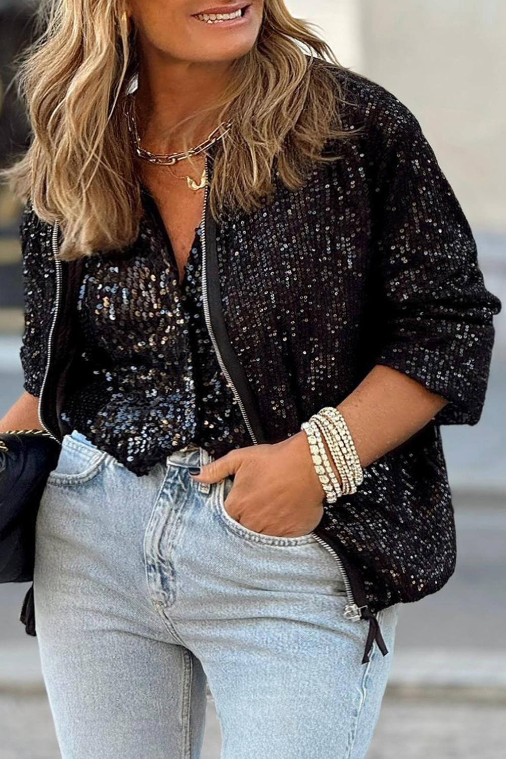 Black Sequin Zip up Round Neck Long Sleeve Jacket - loveforevers
