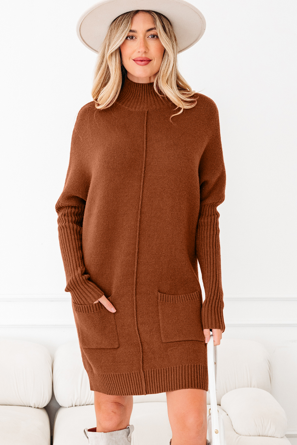 Fiery Red Ribbed High Neck Front Pockets Center Seam Shift Sweater Dress - loveforevers