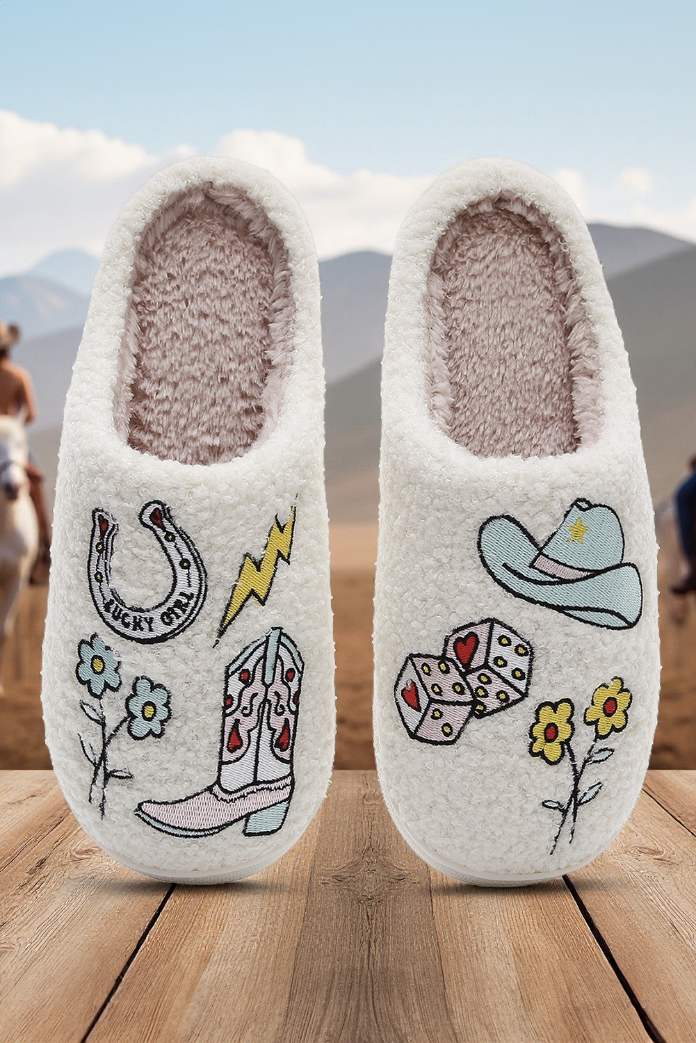 White Asymmetric Embroidered Pattern Cowgirl Plush House Slippers - loveforevers