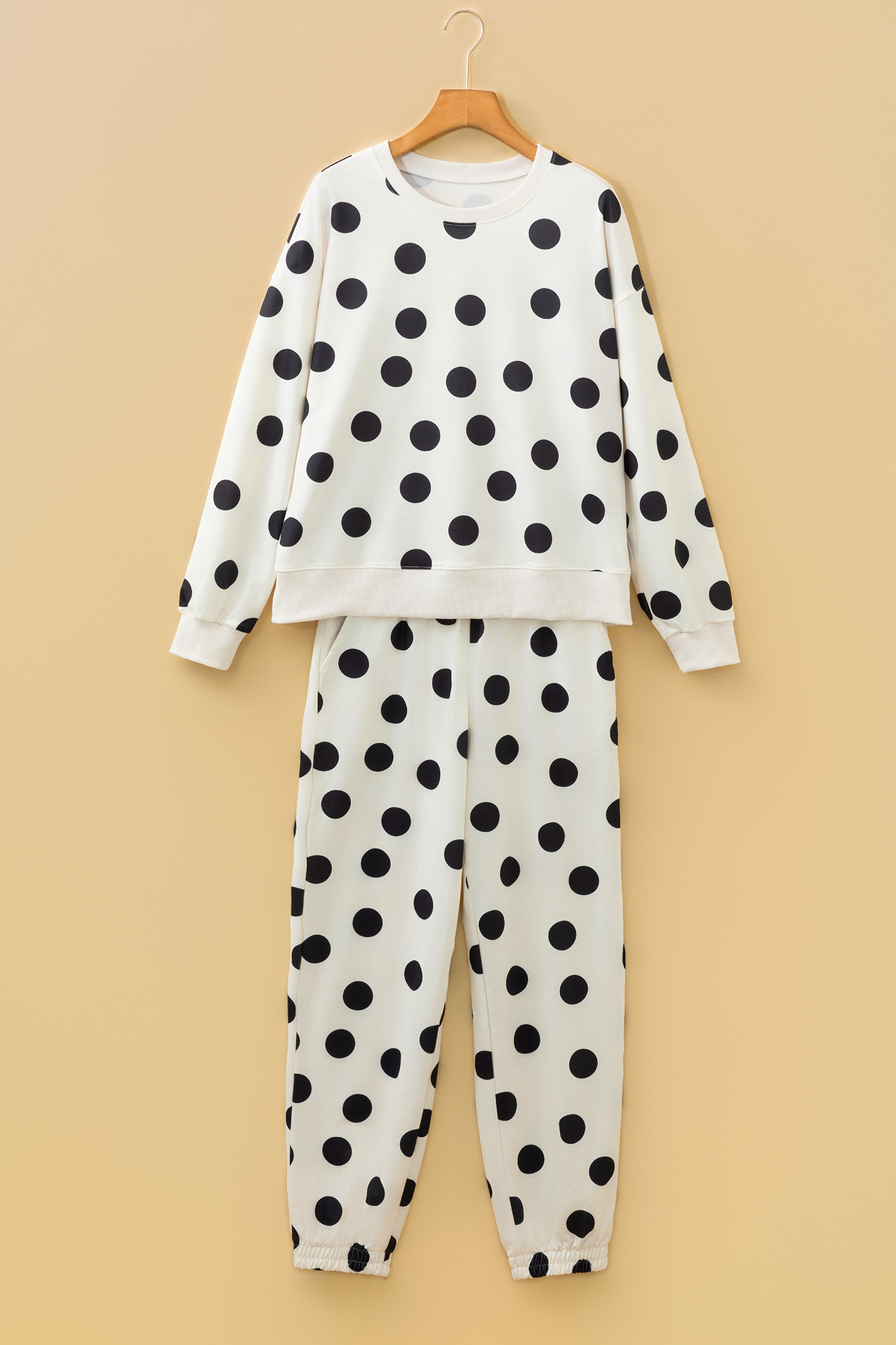 Beige Polka Dot Print Drop Shoulder Pullover Drawstring Jogger Pant Set - loveforevers