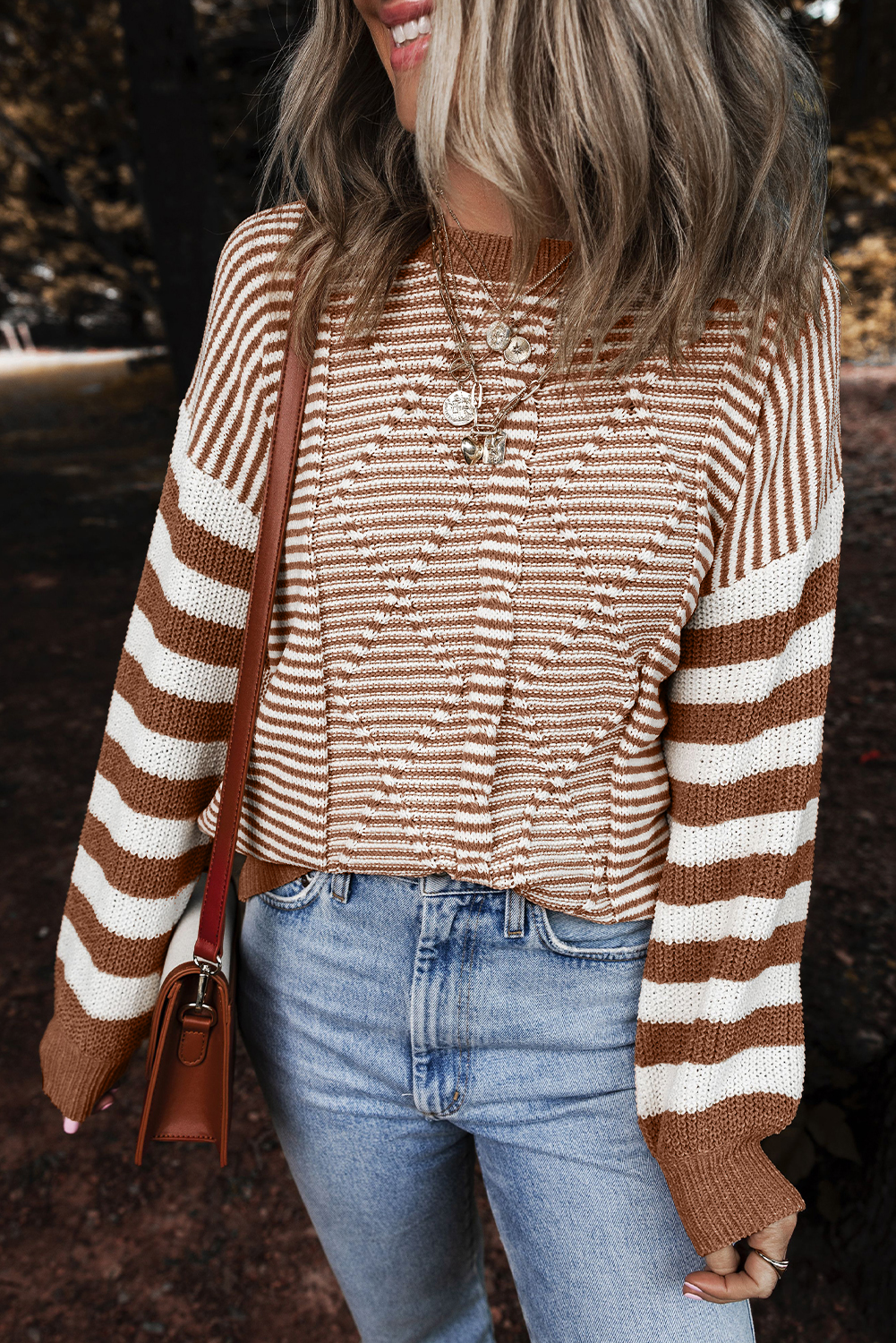 Gray Stripe Geometric Textured Drop Shoulder Sweater - loveforevers