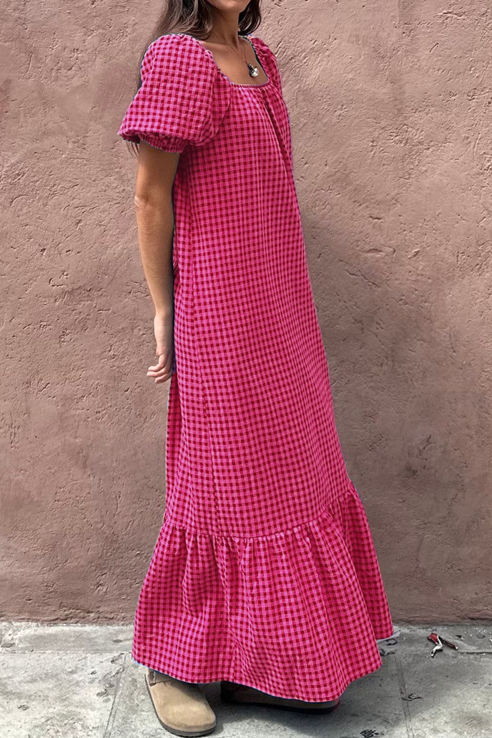 Rose Ginham Check Bubble Sleeve Ruffled Maxi Dress - loveforevers