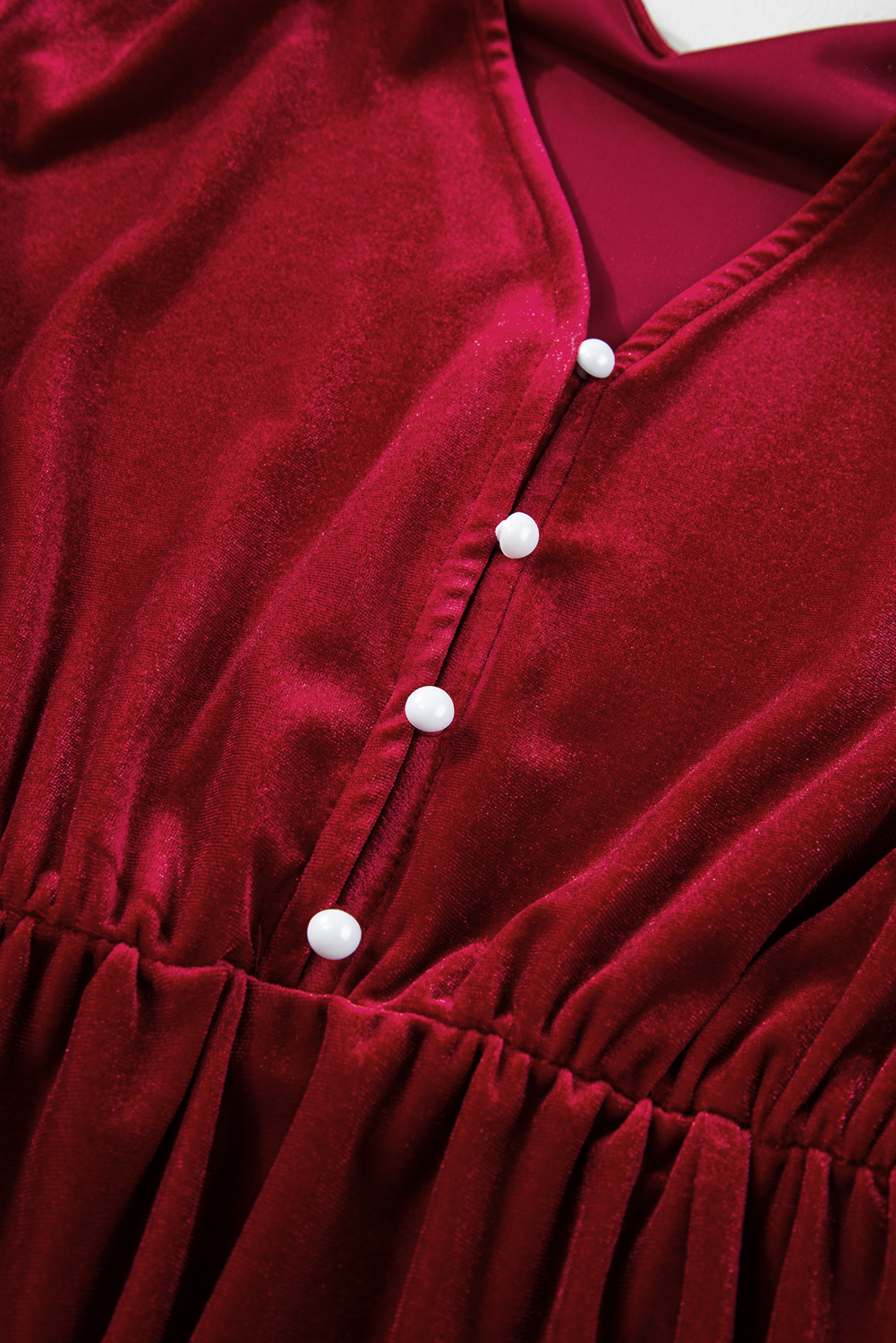 Dearlove Racing Red Velvet Buttoned Puff Sleeve V Neck Split Midi Dress - loveforevers