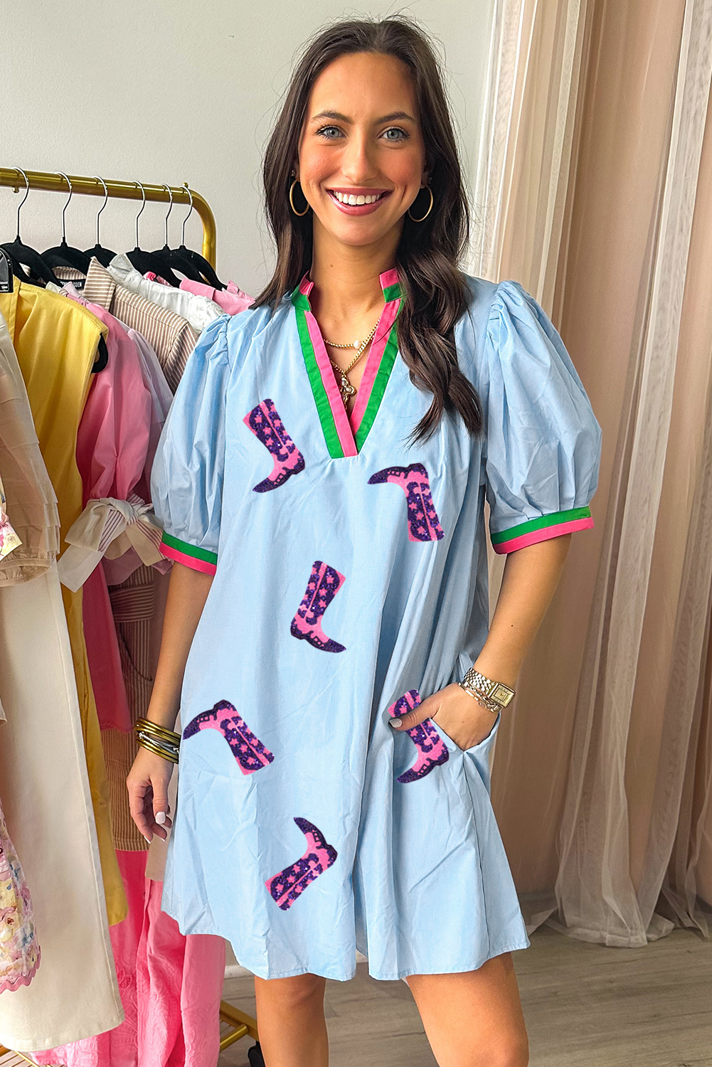 Myosotis Sequined Cowgirl Boots Pattern Contrast V Neckline Half Puff Sleeve Dress - loveforevers