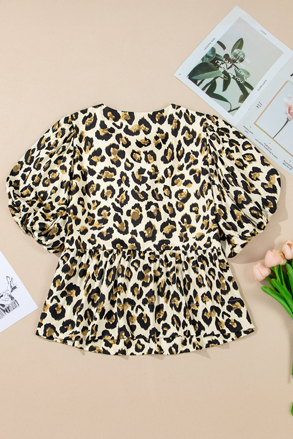 Apricot Leopard Bubble Sleeve Bow Tie Front Peplum Blouse - loveforevers