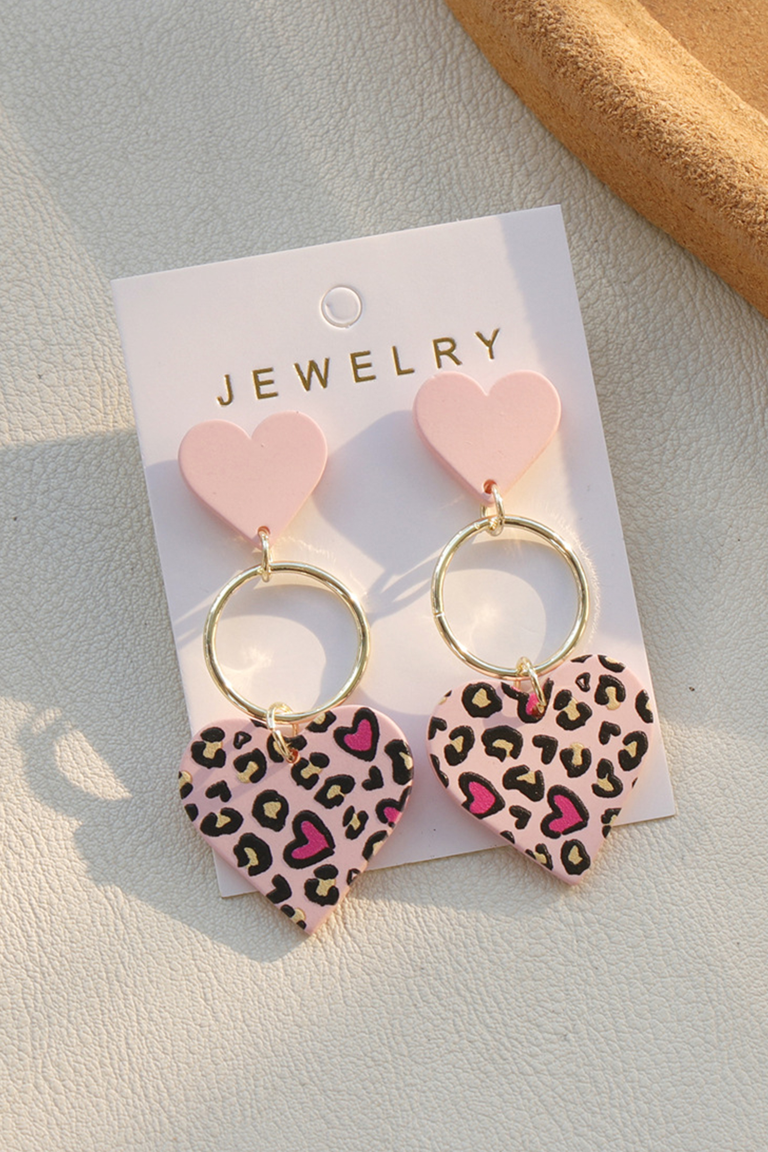 Pink Leopard Double Heart Golden Hoop Dangle Earrings - loveforevers