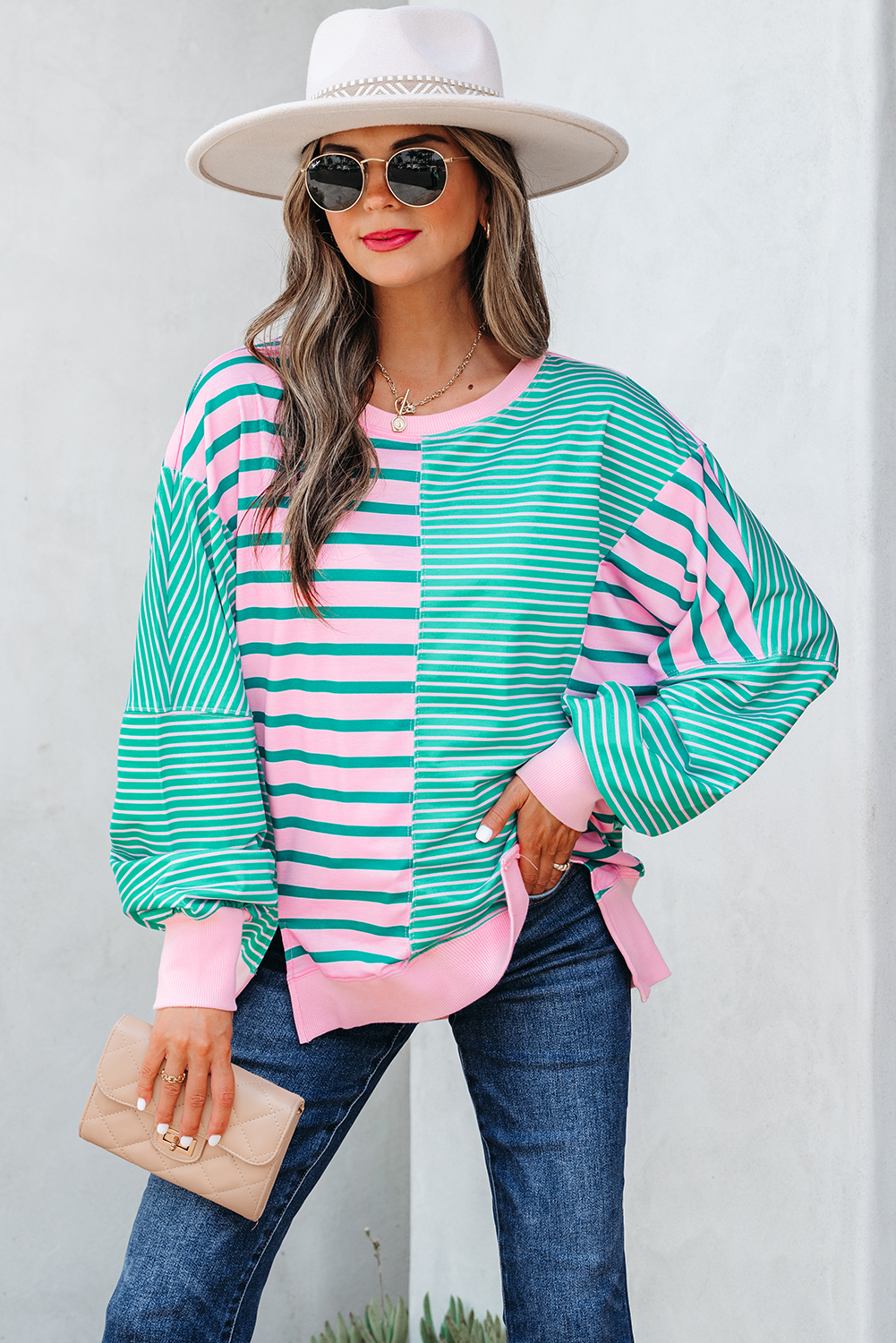 Green Stripe Mix Pattern Color Block Patchwork Side Slit Baggy Sweatshirt - loveforevers