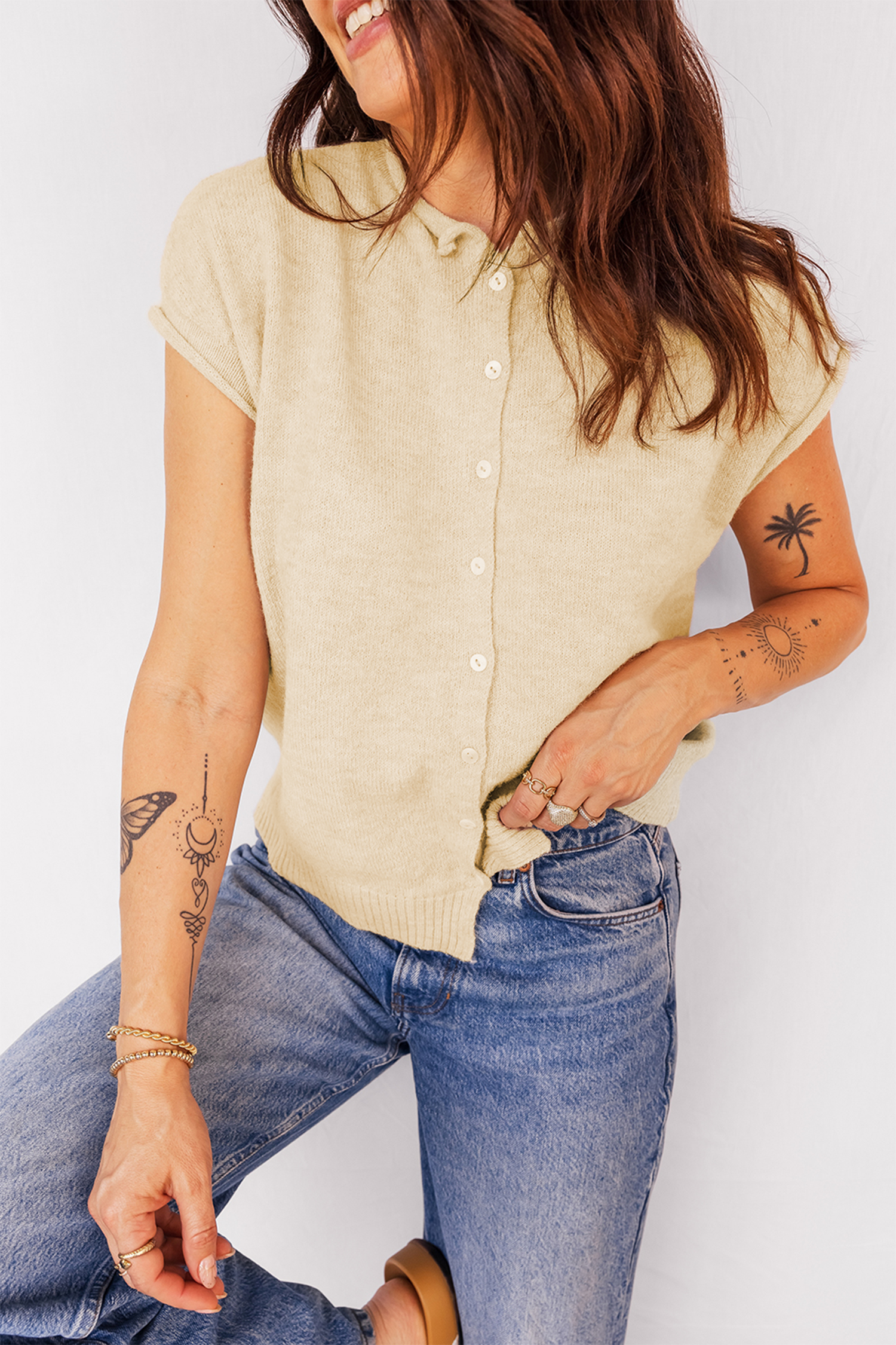 Apricot Buttoned Front Rolled Hem Cap Sleeve Sweater Top - loveforevers