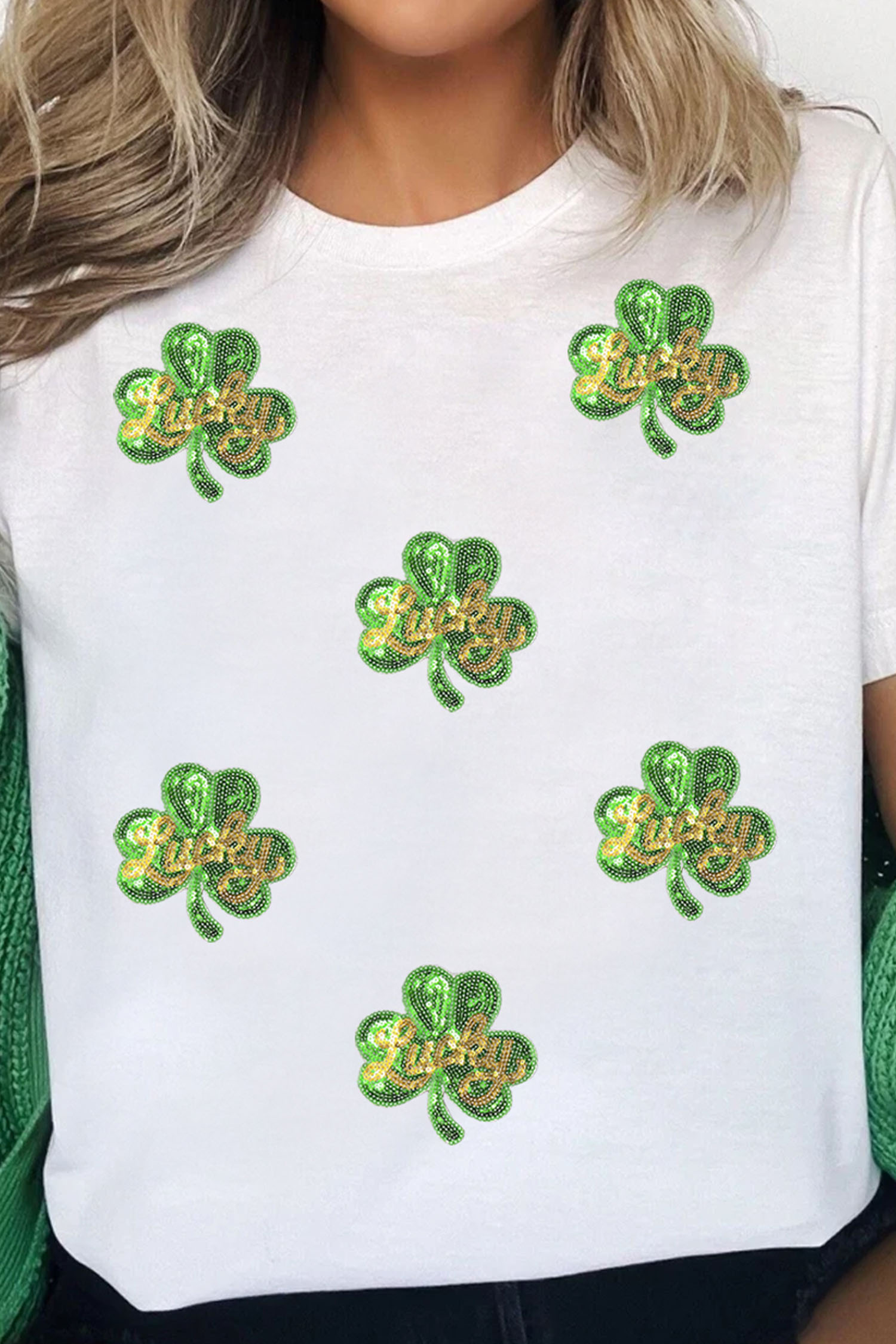 White Sequin Lucky Clover Patched Casual Round Neck Tee - loveforevers