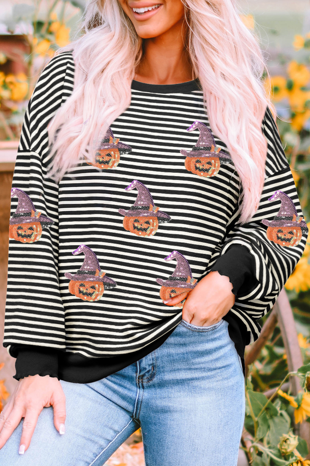 Black Stripe Halloween Pumpkin Shimmer Pattern Casual Top - loveforevers