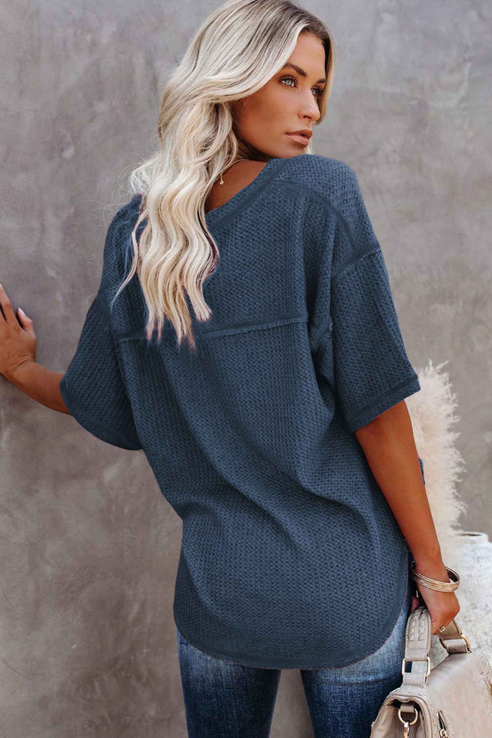White Exposed Seam Half Sleeve Knitted V Neck Textured Top - loveforevers
