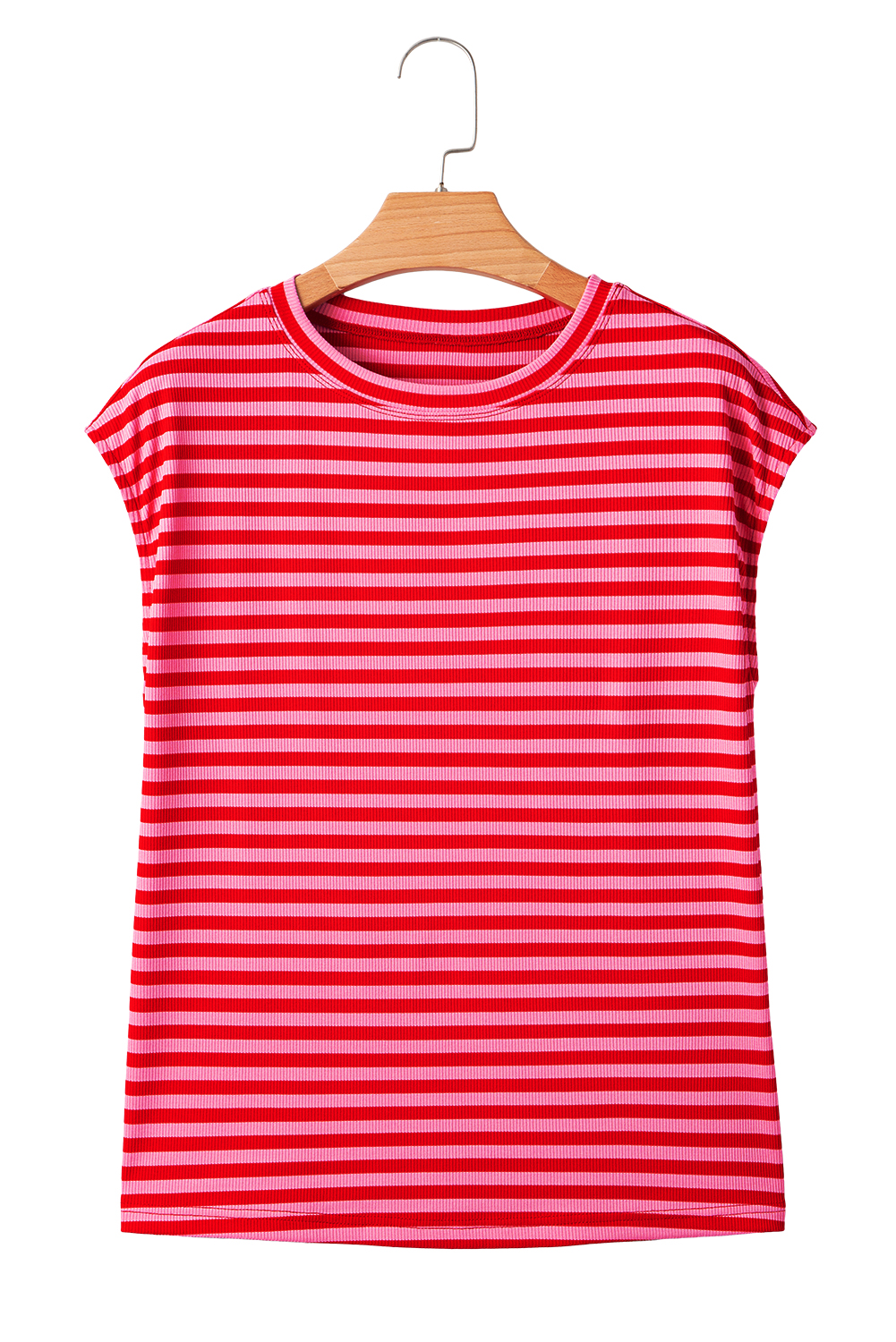 Sky Blue Stripe Ribbed Cap Sleeve Round Neck T Shirt - loveforevers
