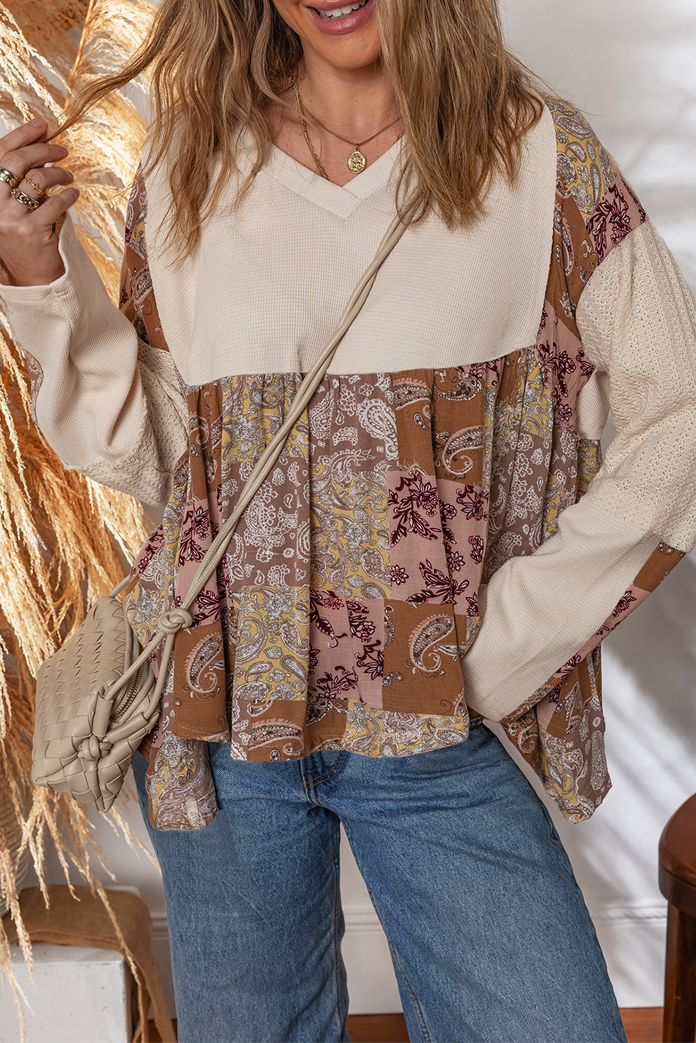 Beige Paisley Ethnic Print Contrast Patchwork Long Sleeve Loose Top - loveforevers