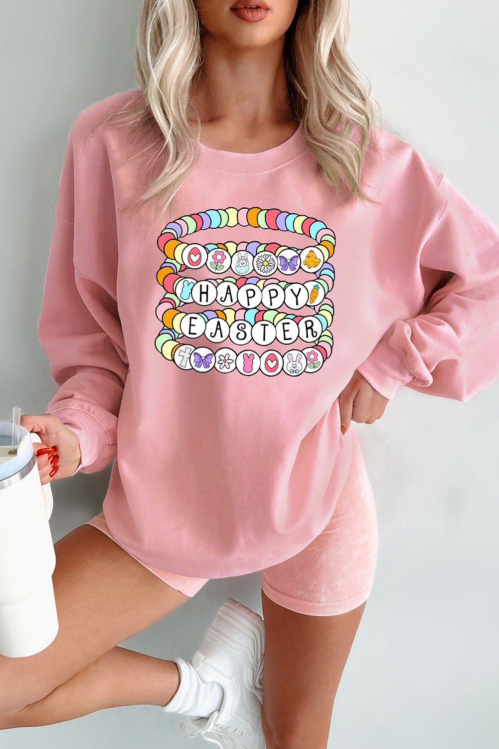 Pink Happy Easter Bracelet Print Drop Shoulder Sweatshirt - loveforevers
