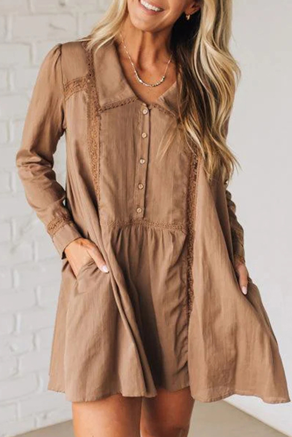 Straw Yellow Lace Trim Peter Pan Collar Long Sleeve Mini Shirt Dress - loveforevers