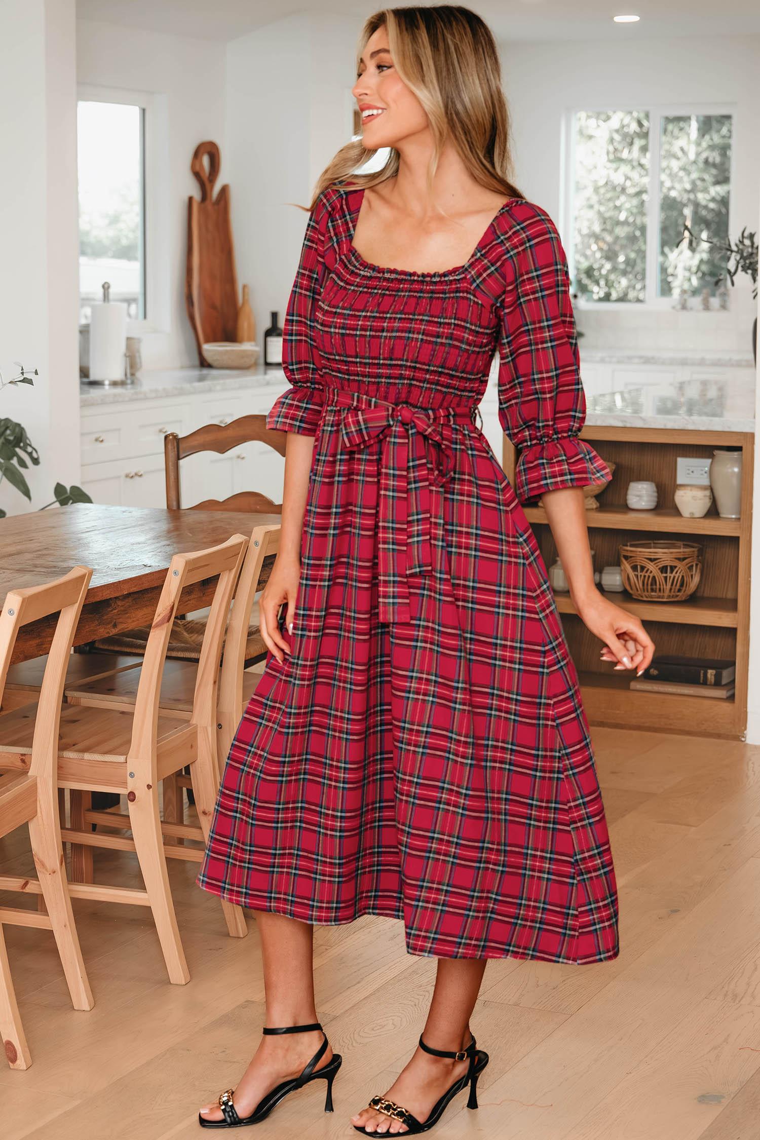 Red Tartan Plaid Square Neck Puff Sleeve Knot Waist Flared Midi Dress - loveforevers