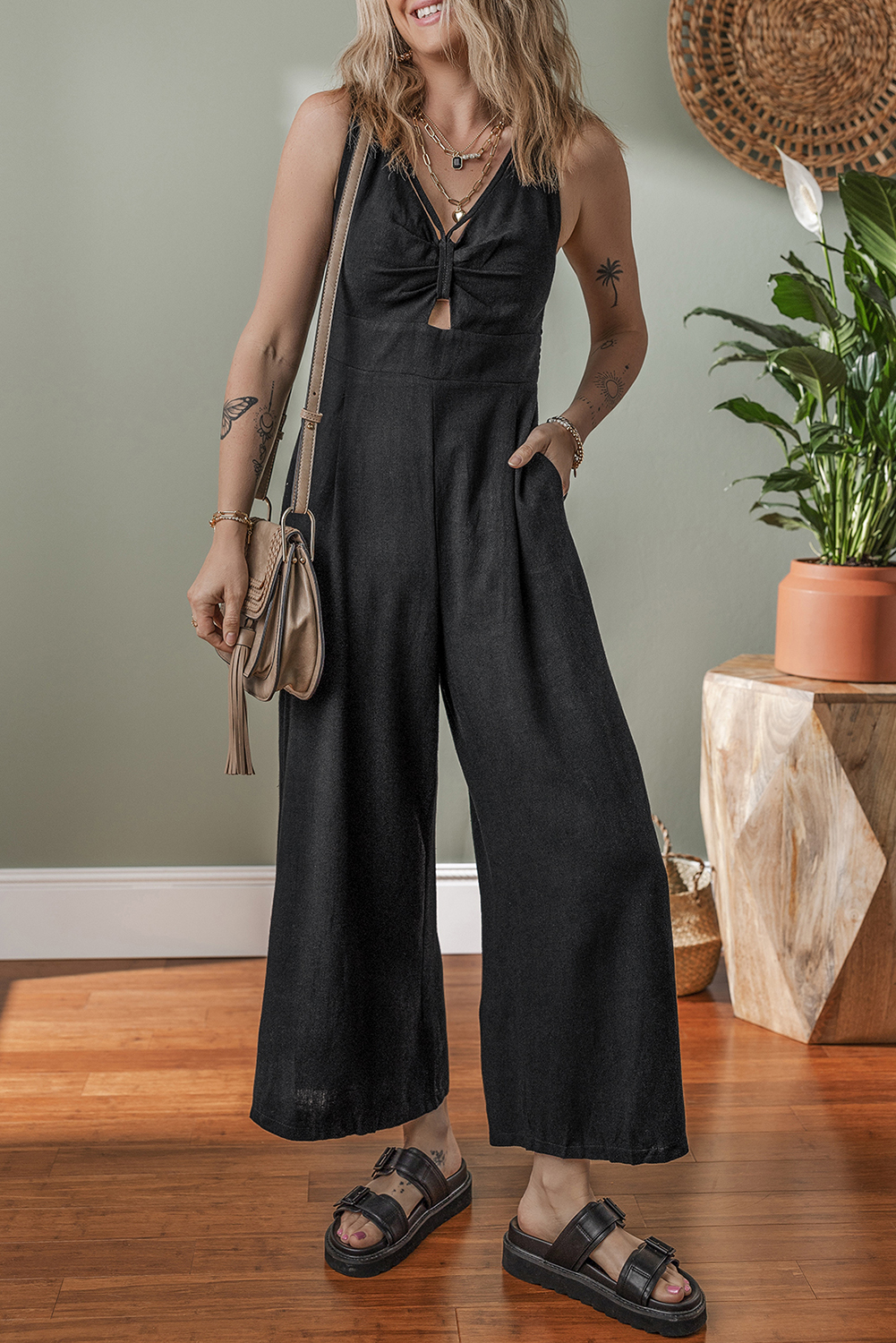 Black Front Cut Out Smocked Back Sleeveless Wide Leg Jumpsuit - loveforevers