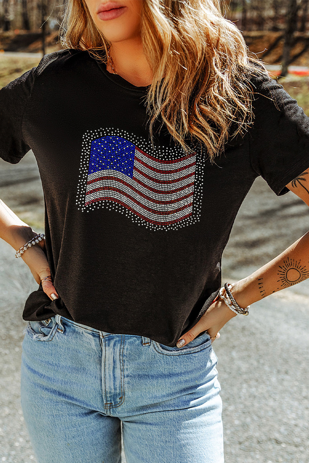 Black Rhinestone American Flag Casual Round Neck Tee - loveforevers