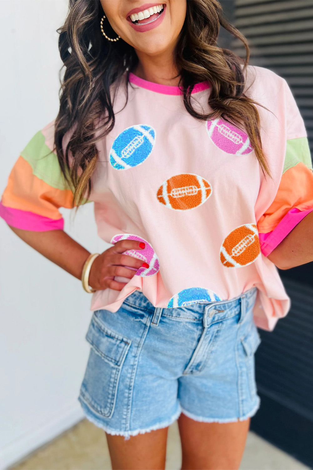 Pink Rugby Chenille Embroidered Color Block Half Sleeve T Shirt - loveforevers