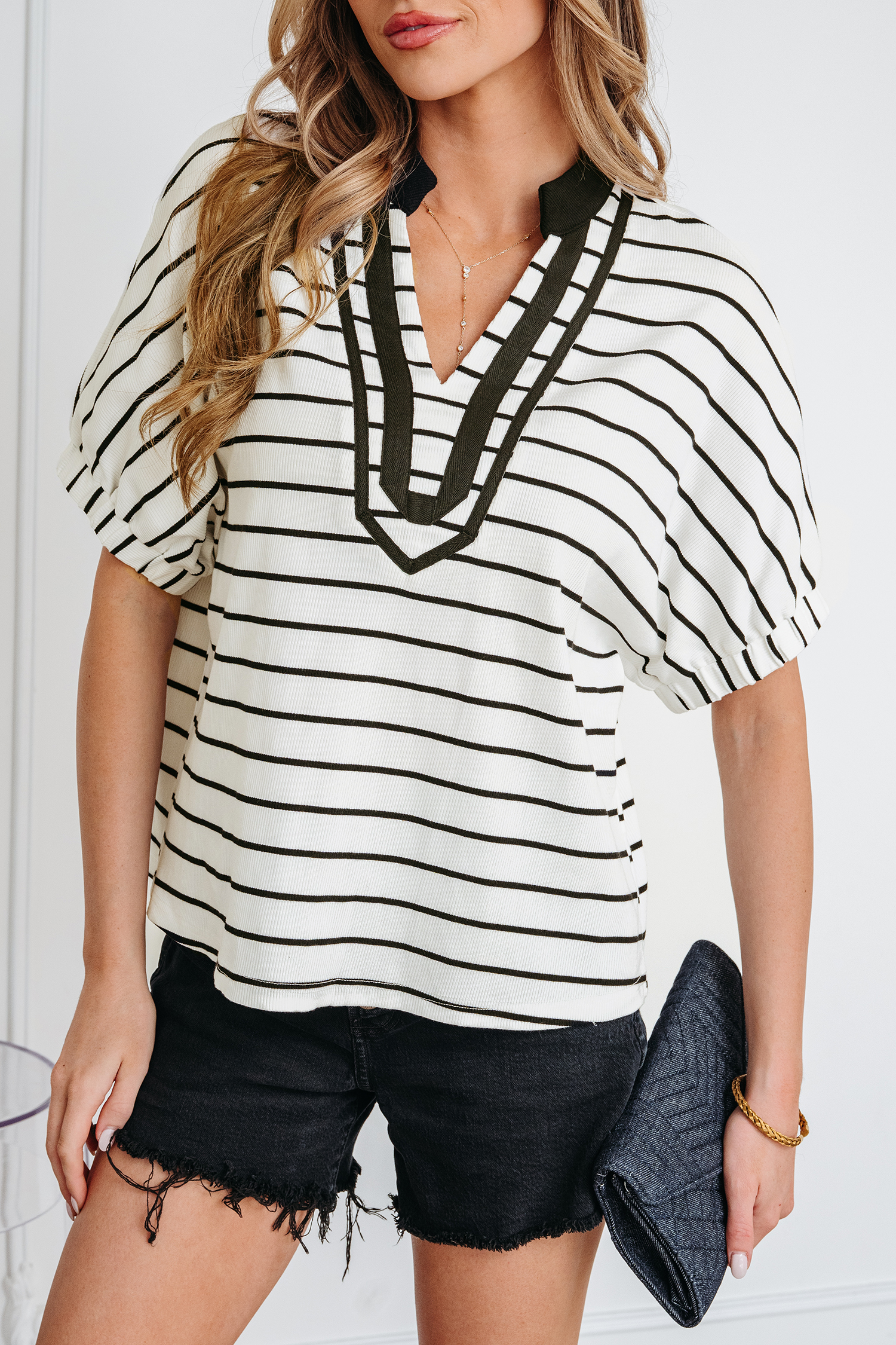 White Stripe Stand Collar V Neck Elastic Cuffs Half Sleeve Dolman Top - loveforevers