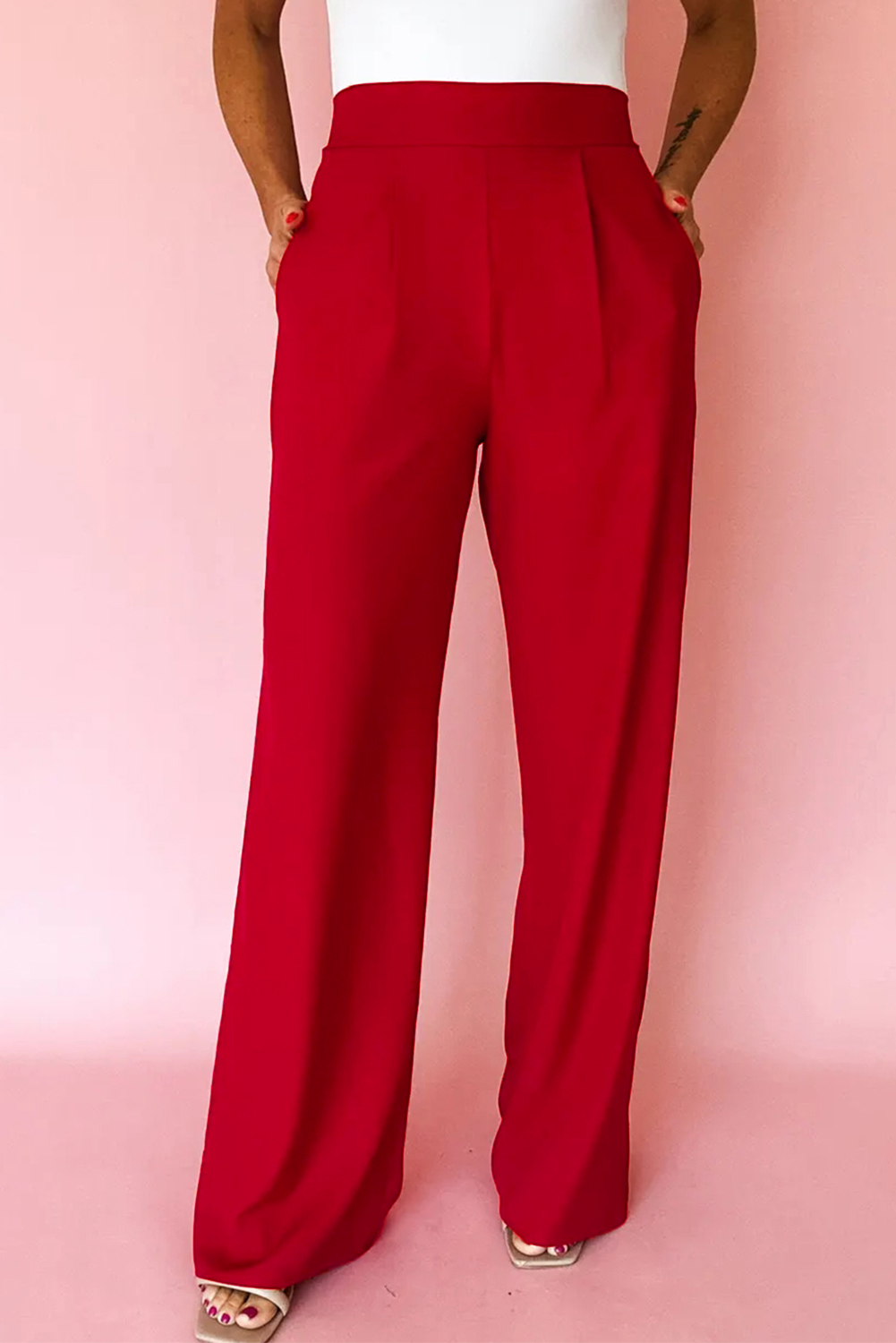 Fiery Red Pleated Detail Pull On High Elastic Waist Loose Straight Pants - loveforevers