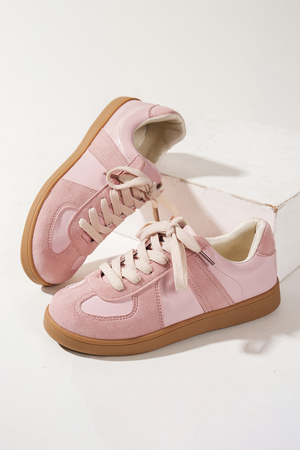 Pink Two Tone Faux Suede Leather Patched Lace-up Sneakers - loveforevers