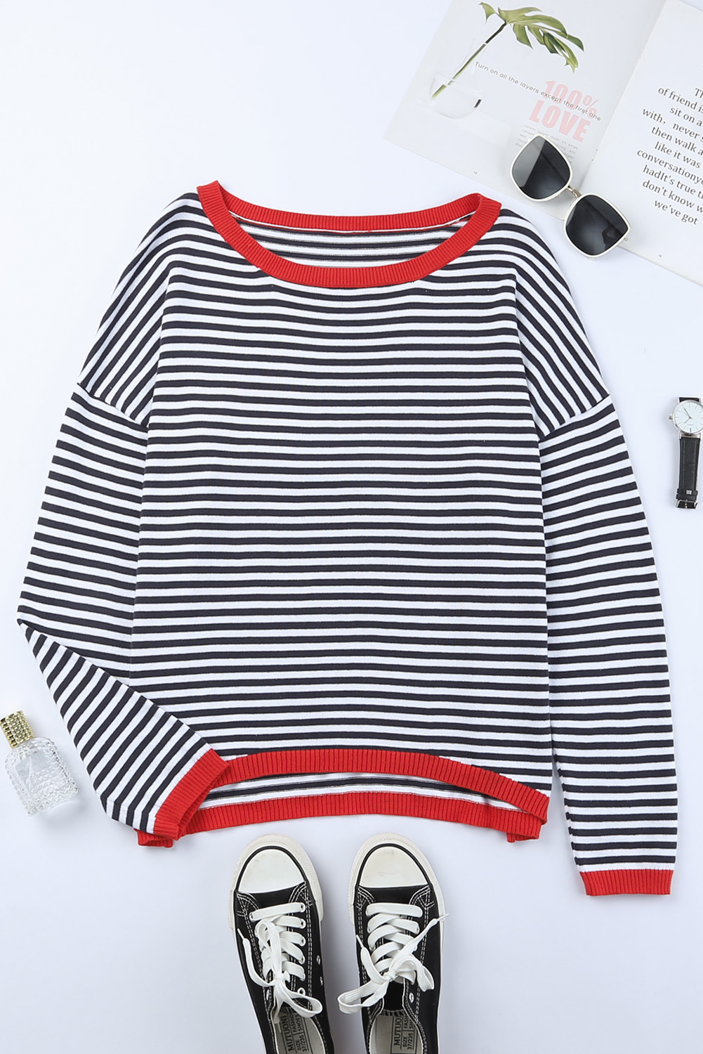 Fiery Red Striped Contrast Trimmed Drop Shoulder Sweater - loveforevers