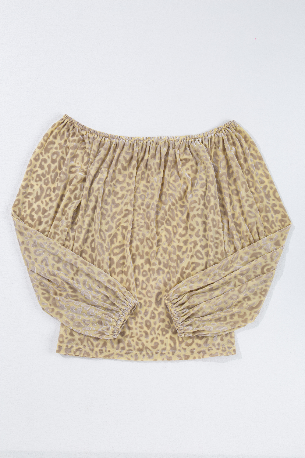 Beige Leopard Velvet Burnout Off Shoulder Long Sleeve Blouse - loveforevers