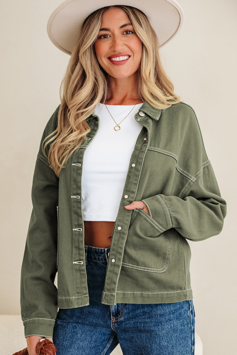 Smoke Green Patched Pocket Collared Button Front Boyfriend Denim Jacket - loveforevers