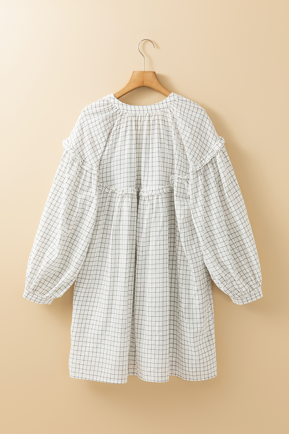White Stripe Checkered Frilled V Neck Bracelet Sleeve Babydoll Dress - loveforevers