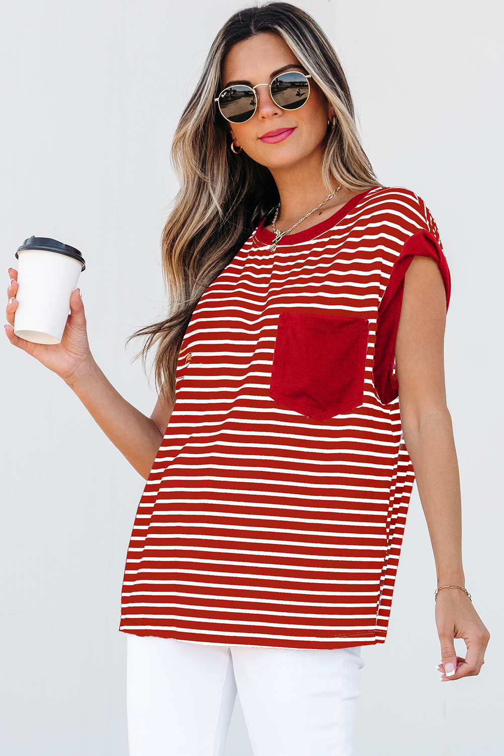 Red Stripe Chest Pocket Patch Round Neck Tank Top - loveforevers