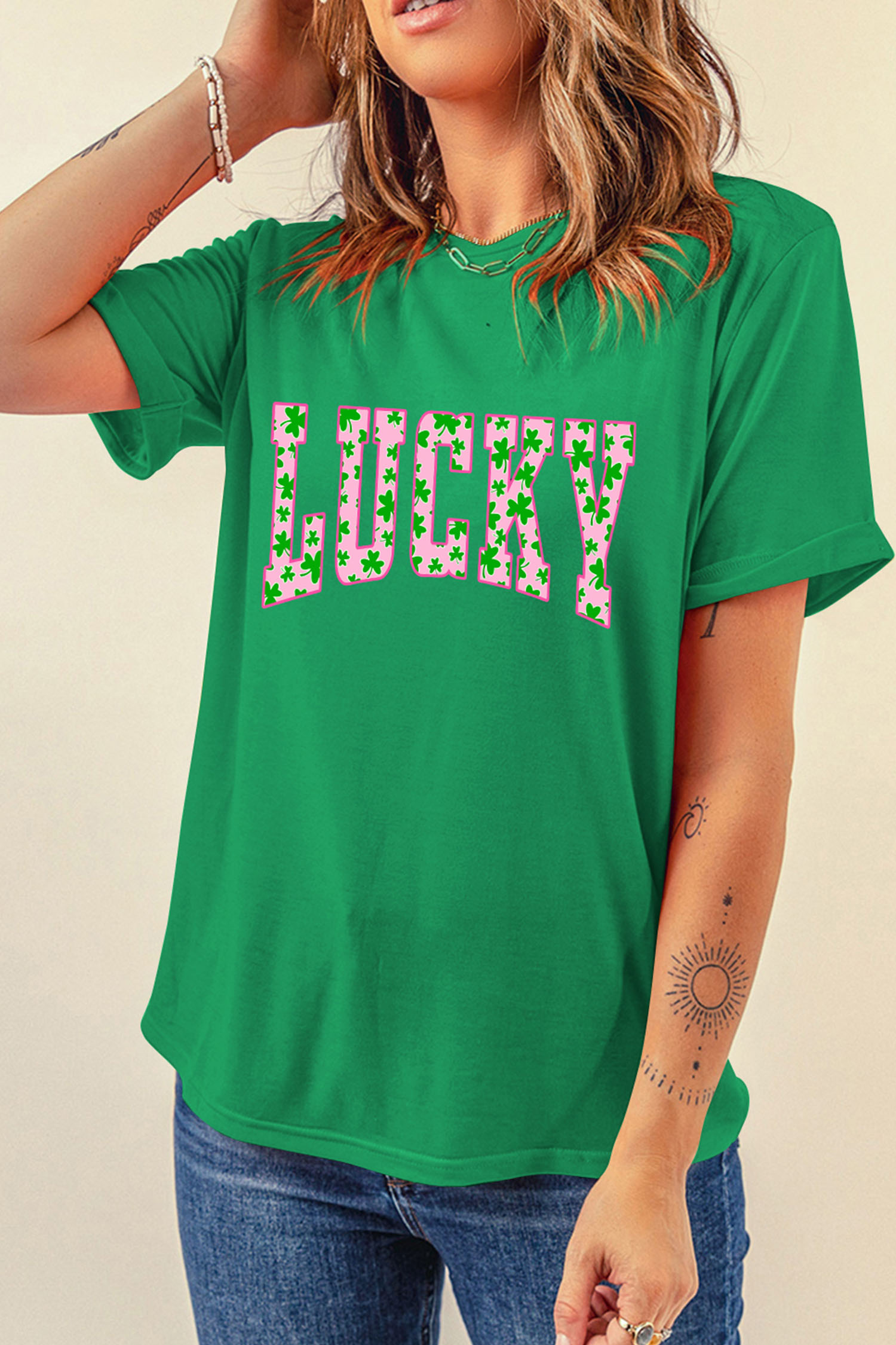 Bright Green LUCKY Clover Letter Printed Crew Neck T Shirt - loveforevers