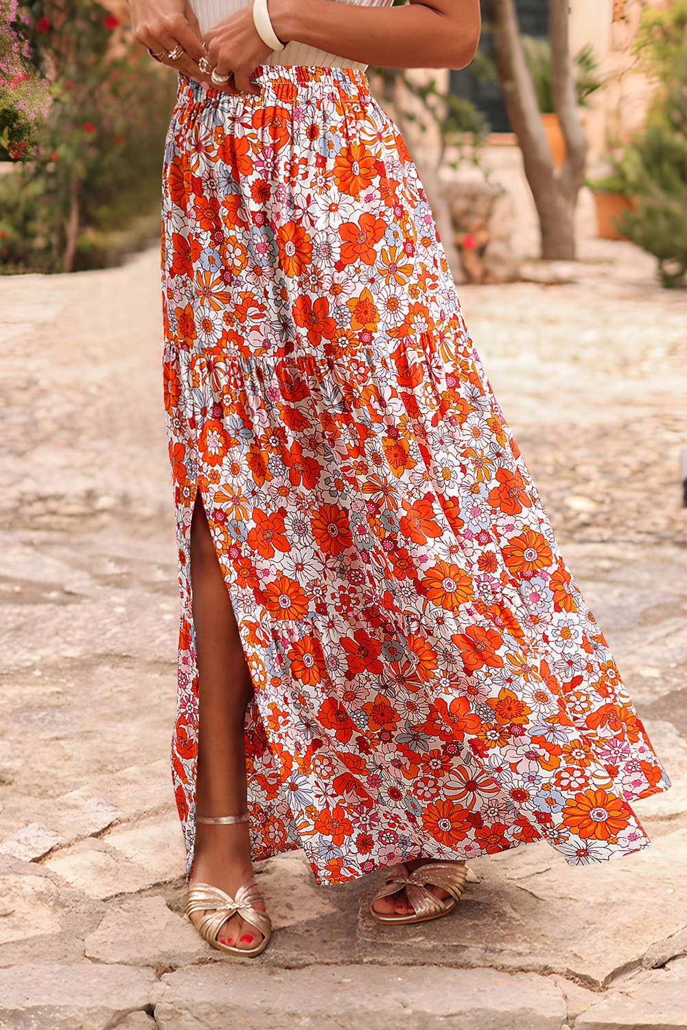 Orange Bohemian Floral Print Tiered Maxi Skirt with Split - loveforevers