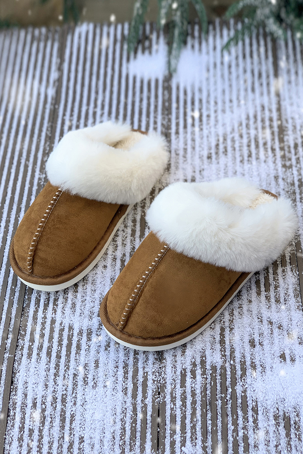 Khaki Cut and Sew Faux Suede Plush Lined Slippers - loveforevers