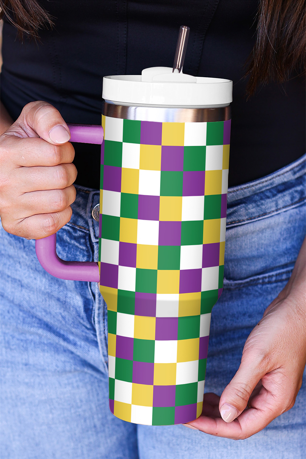 Tillandsia Purple Checkered Print Handle Large Vacuum Cup 40OZ - loveforevers