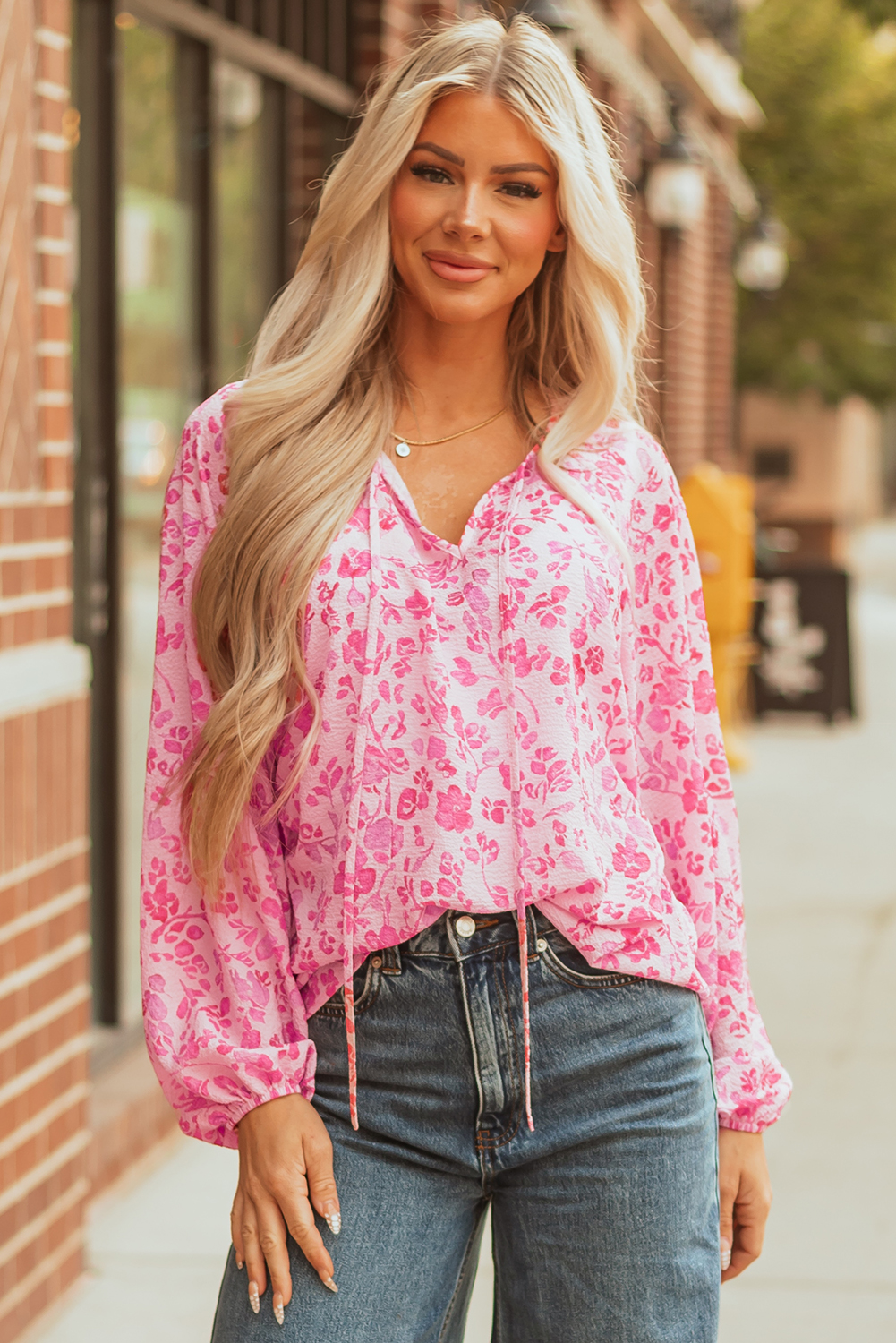 Pink Floral Puff Sleeve Split Neck Lightweight Blouse - loveforevers