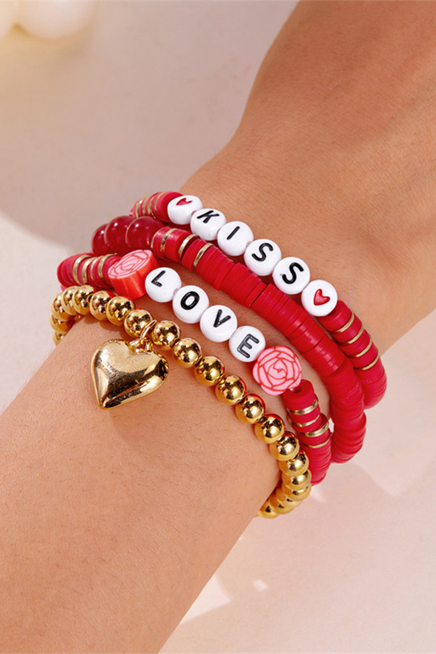 Fiery Red KISS LOVE Valentines Day Golden Beading Bracelets 4pcs Set - loveforevers