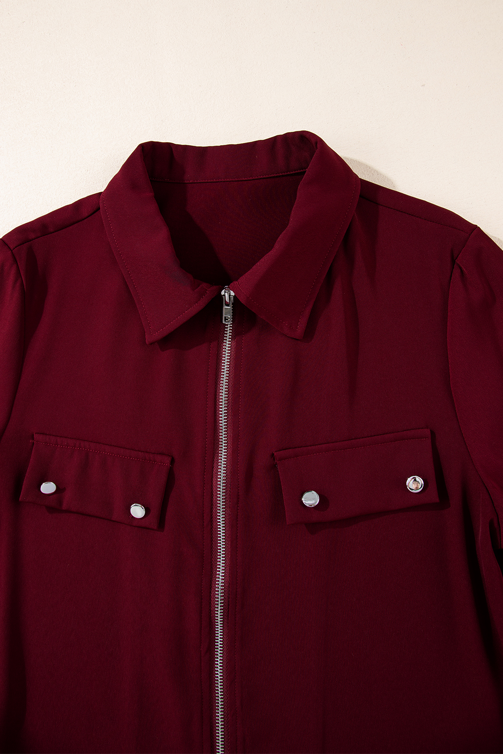 Red Dahlia Collar Tab Sleeve Zip Up Flap Detail Jacket - loveforevers