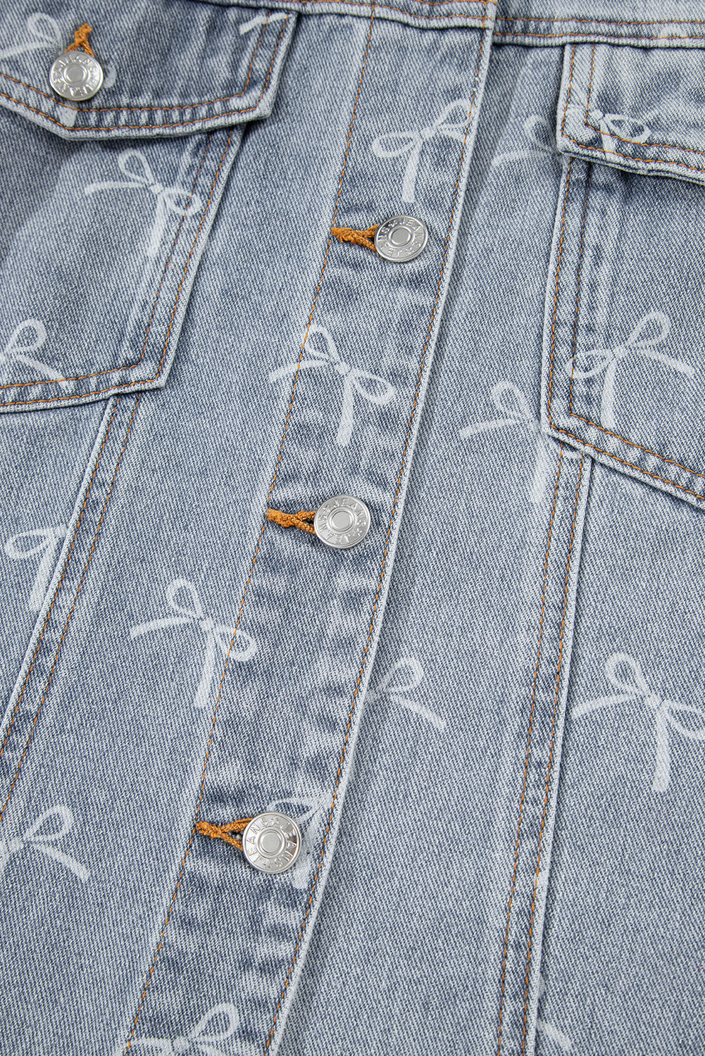 Sky Blue Bow Knot Print Light Wash Raw Hem Denim Jacket - loveforevers