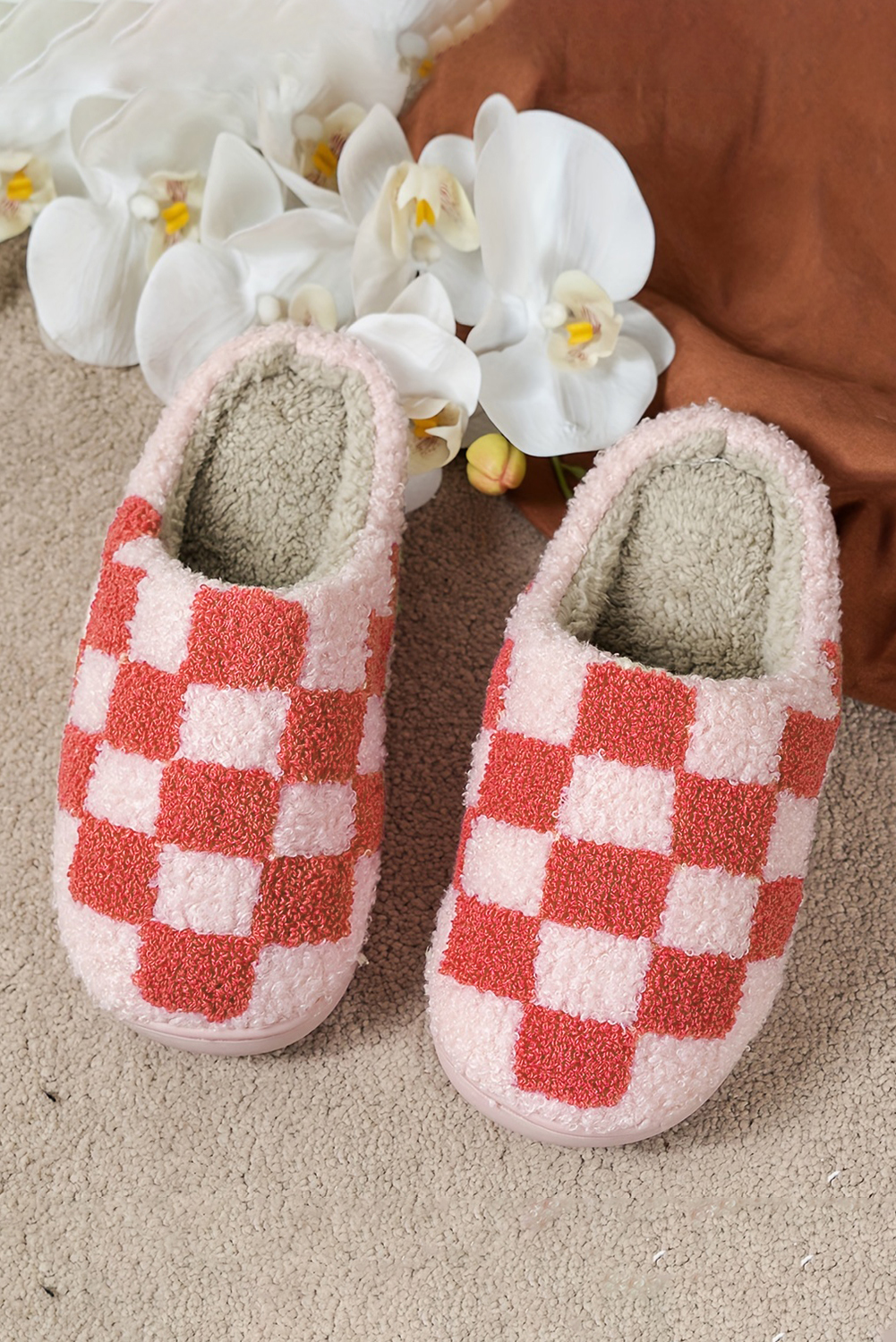 Fiery Red Checkered Print Fuzzy Slip On Winter Slippers - loveforevers